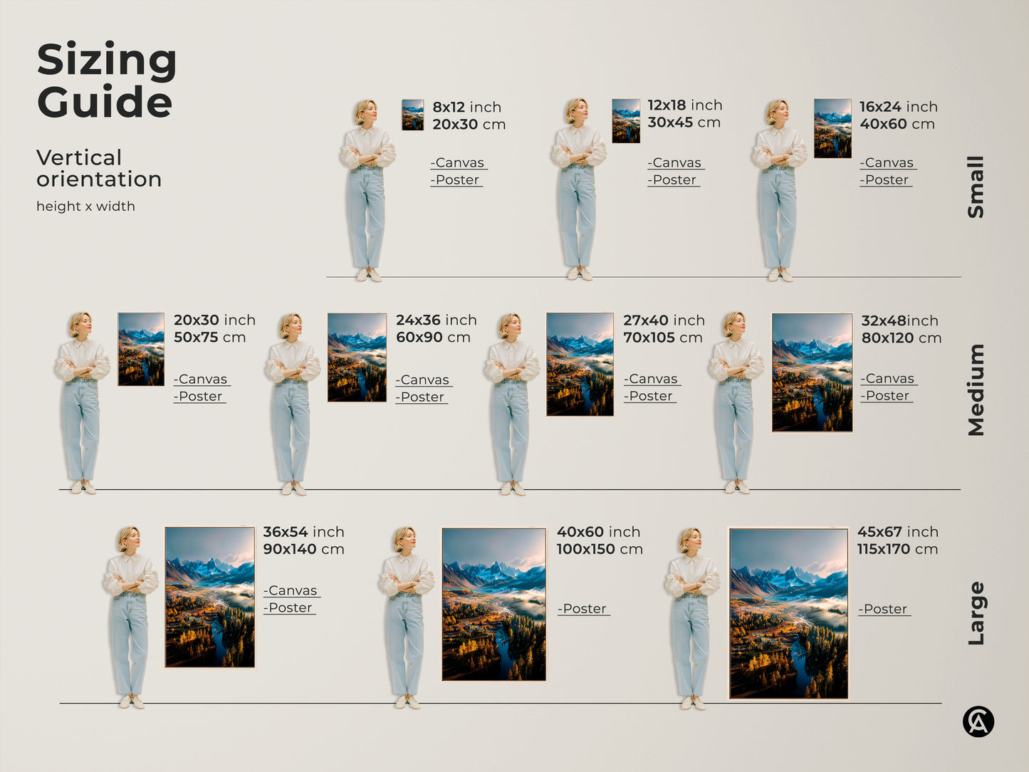 Sizing guide for vertical orientation art prints featuring a mountain river landscape. Choose from small medium and large sizes available on canvas or poster. Find the perfect fit for your space with our diverse sizing options. Shop landscape art now