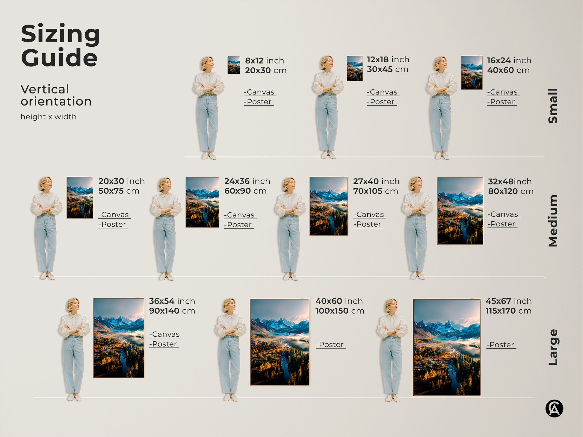 Sizing guide for vertical orientation art prints featuring a mountain river landscape. Choose from small medium and large sizes available on canvas or poster. Find the perfect fit for your space with our diverse sizing options. Shop landscape art now