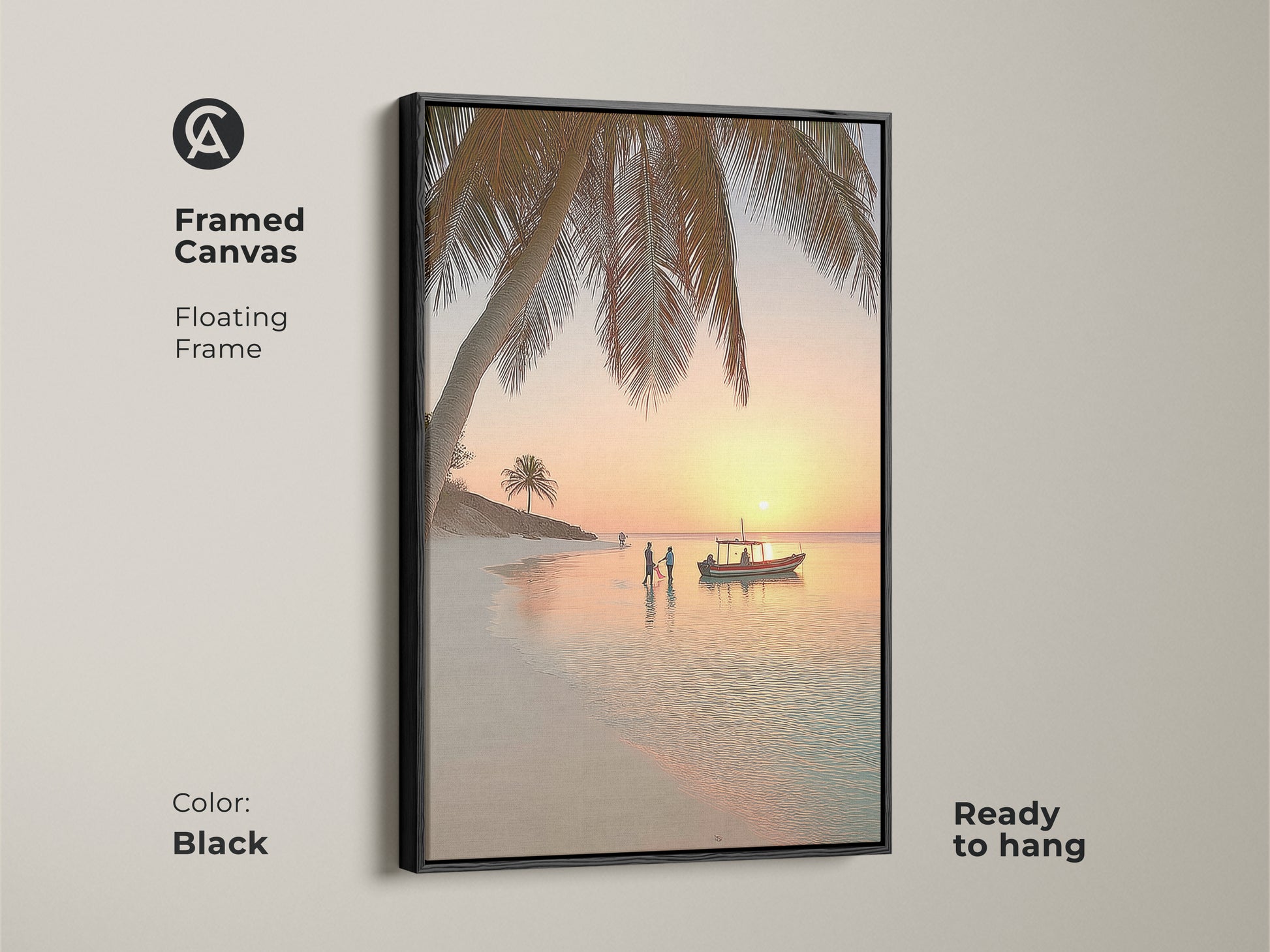 Framed canvas of a beach sunset landscape in a black floating frame. The coastal artwork features a palm tree boat and figures on the shore. This ready to hang tropical ocean scene brings tranquility to your home. It is perfect for residential coastal decor.