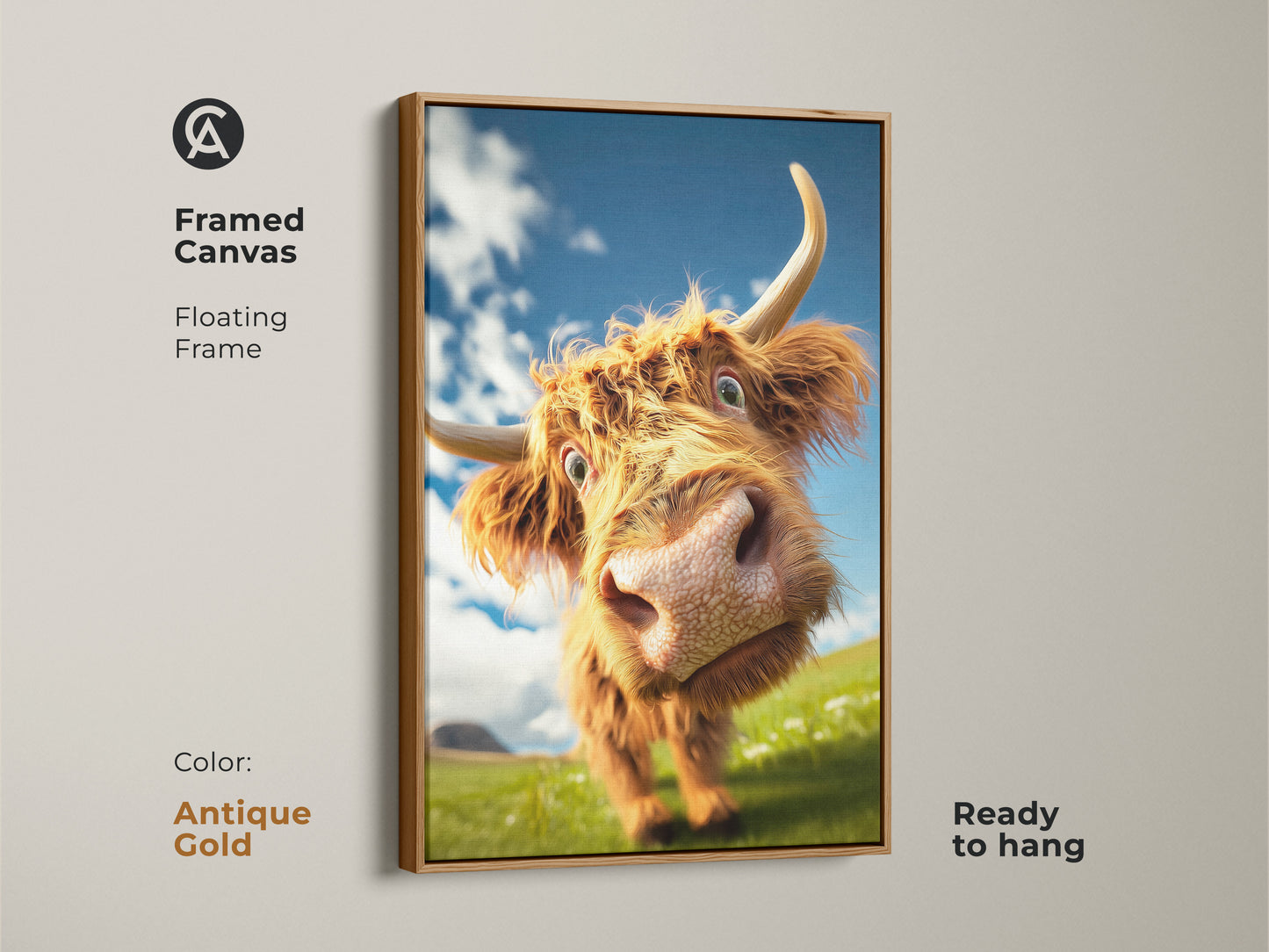 This framed canvas has an antique gold floating frame. Perfect to hang this rustic animal lover gift. Country bedroom decor with blue sky highland cow face artwork and rustic charm.