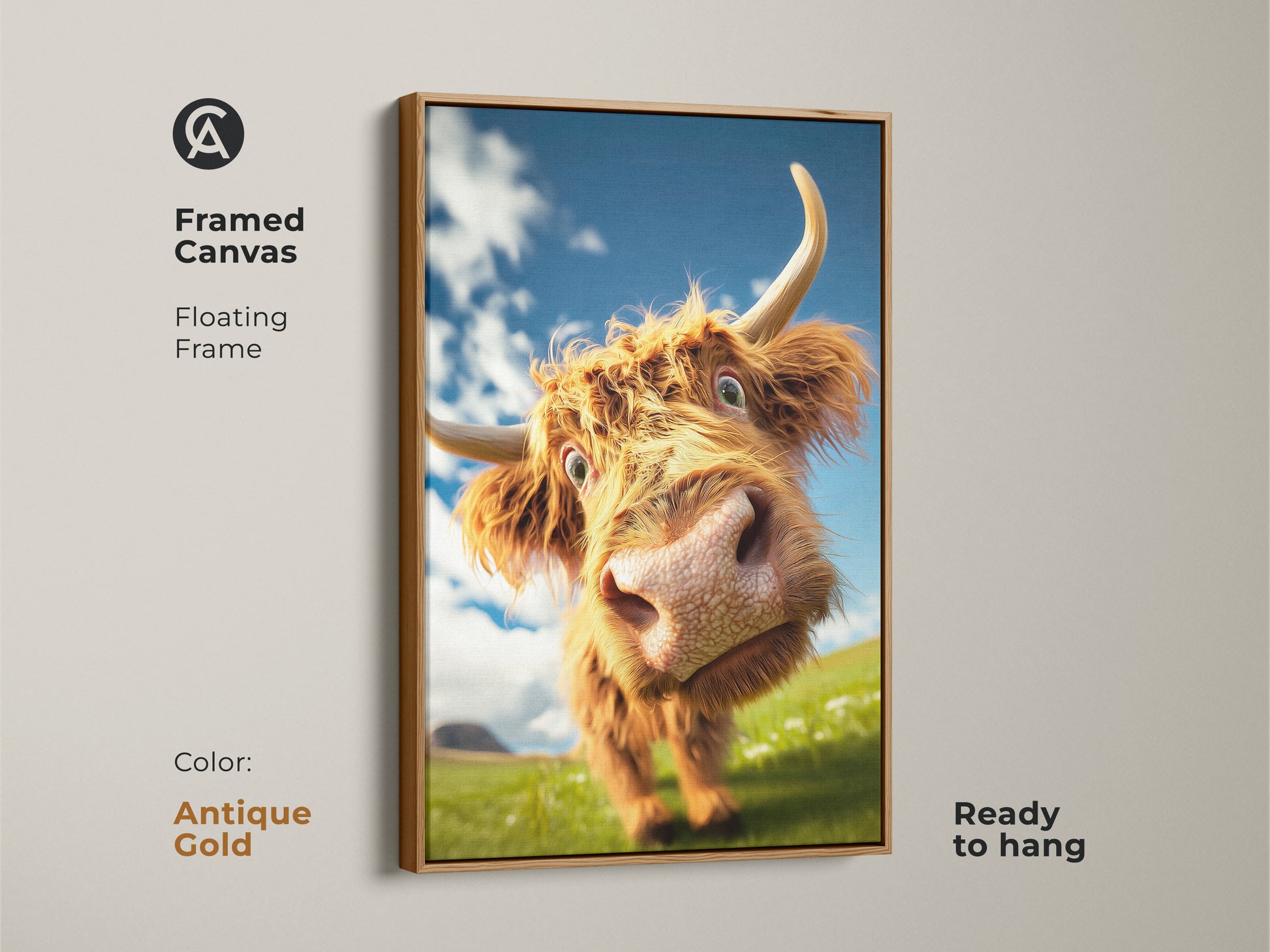 This framed canvas has an antique gold floating frame. Perfect to hang this rustic animal lover gift. Country bedroom decor with blue sky highland cow face artwork and rustic charm.