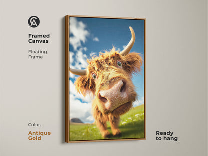 This framed canvas has an antique gold floating frame. Perfect to hang this rustic animal lover gift. Country bedroom decor with blue sky highland cow face artwork and rustic charm.