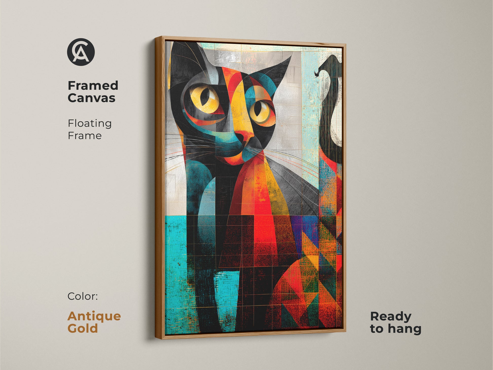 Framed canvas showcases a modern cat art print in a floating antique gold frame. The abstract geometric artwork features orange yellow and teal tones. Ready to hang this unique cat portrait enhances eclectic home decor. A vibrant cat painting for art enthusiasts.