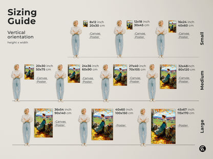 Explore the sizing guide for this artwork. See how the woman sitting on a wall art piece looks in various sizes. Options include canvas and poster prints. Visualize the art in sizes from small to large. Find the perfect fit for your space with this autumn landscape art.