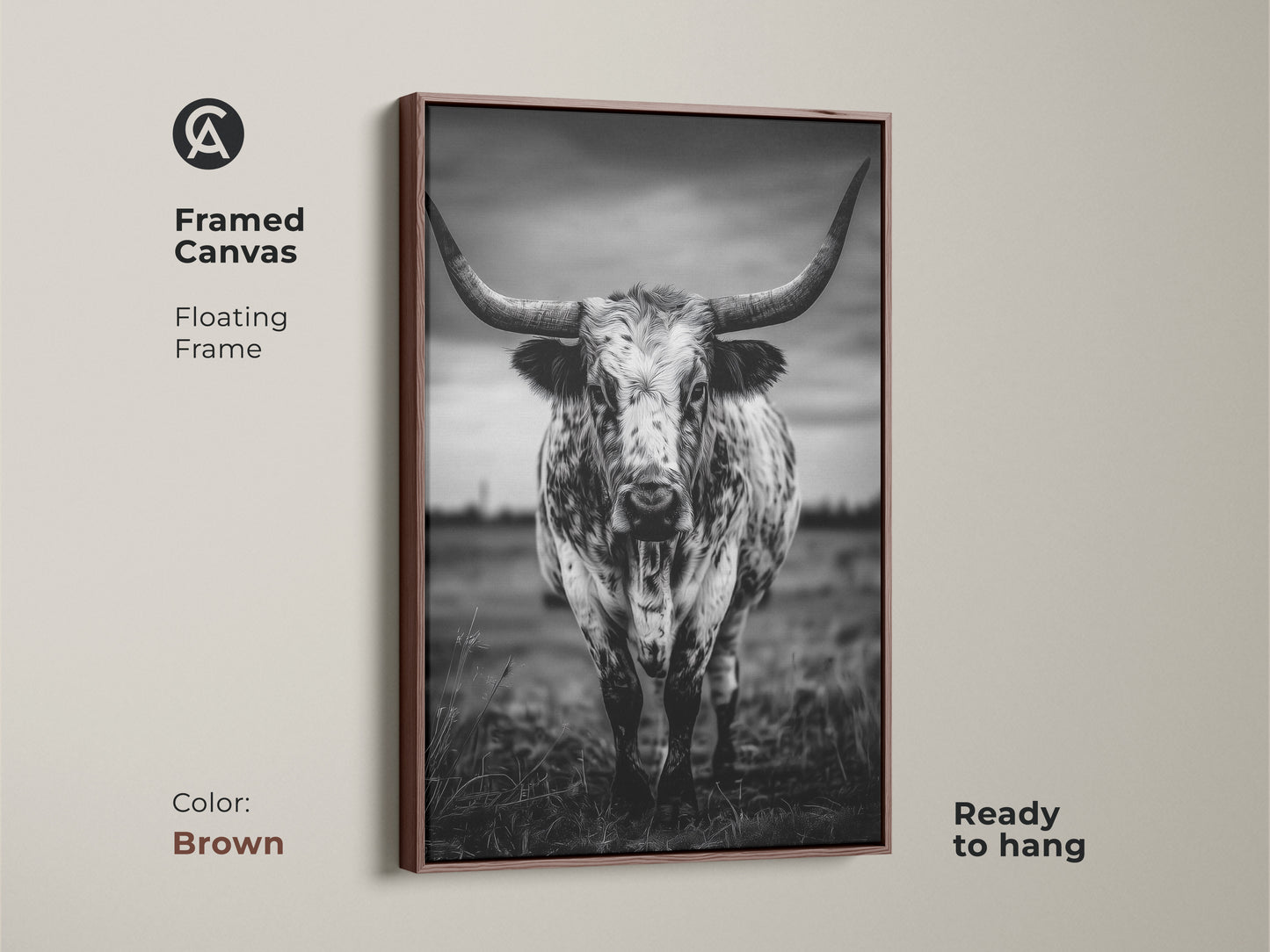 Framed canvas featuring a black and white Texas Longhorn in a floating brown frame. This ready-to-hang animal portrait canvas adds character to entryways living rooms or home offices. The rustic ranch decor complements farmhouse or minimalist interiors. It brings a touch of the wild west to any residential space making it an excellent housewarming gift.