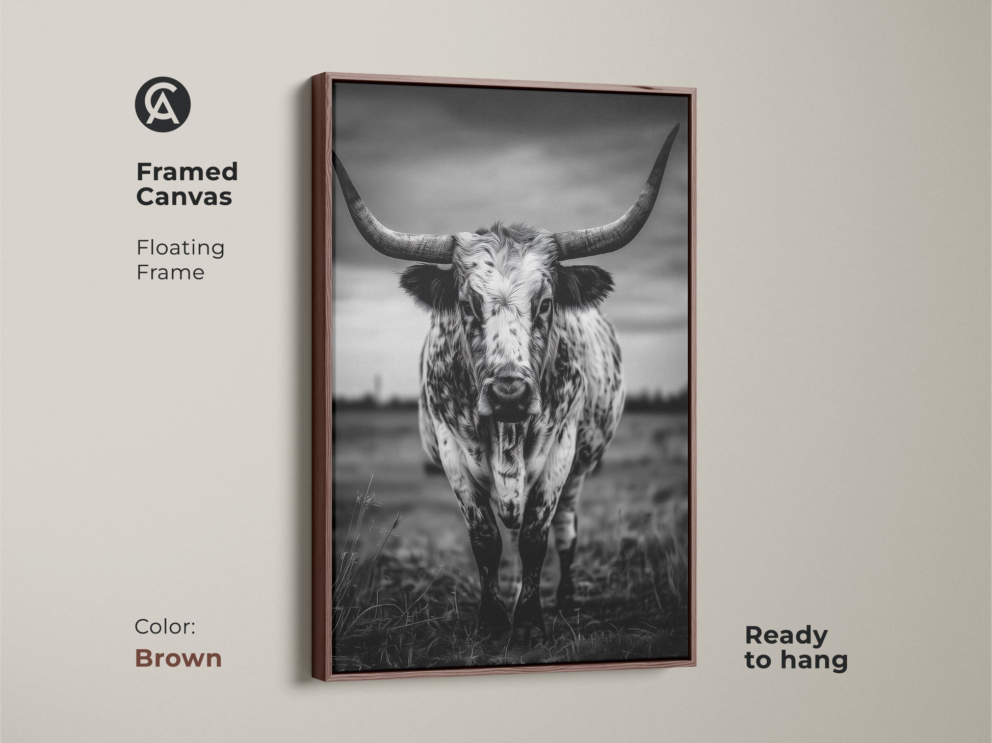 Framed canvas featuring a black and white Texas Longhorn in a floating brown frame. This ready-to-hang animal portrait canvas adds character to entryways living rooms or home offices. The rustic ranch decor complements farmhouse or minimalist interiors. It brings a touch of the wild west to any residential space making it an excellent housewarming gift.