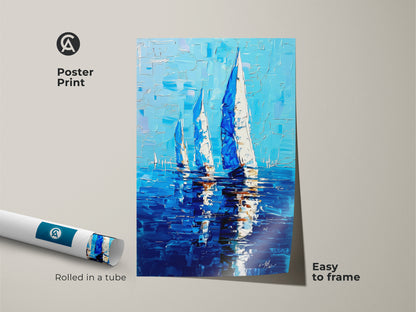 Poster print of a coastal sailboat art. The deep blue ocean seascape canvas is nautical wall decor. This maritime wall hanging is rolled in a tube for easy framing. It's an impressionistic sailboat art. The blue and white canvas shows an ocean view. This art is a perfect nautical housewarming gift.