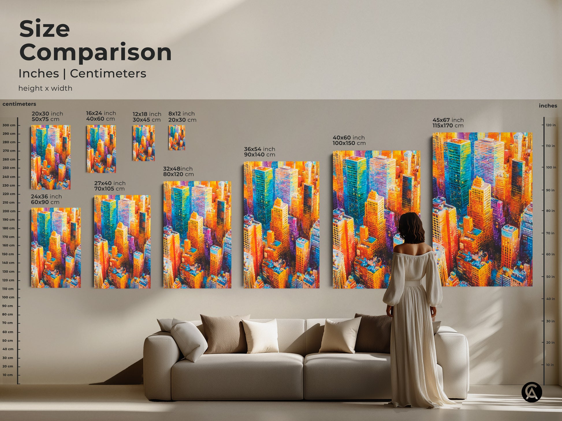 Vibrant cityscape artwork featuring colorful skyscrapers in shades of blue orange and yellow. This is a stunning piece of urban art. The artwork captures the energy and beauty of a modern metropolis. Perfect for adding a touch of sophistication to any space. The artwork is ready to hang