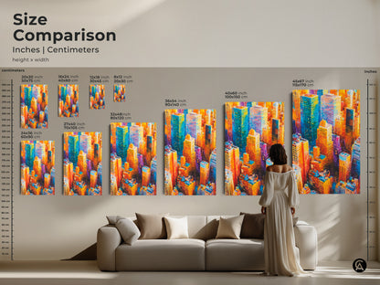 Vibrant cityscape artwork featuring colorful skyscrapers in shades of blue orange and yellow. This is a stunning piece of urban art. The artwork captures the energy and beauty of a modern metropolis. Perfect for adding a touch of sophistication to any space. The artwork is ready to hang