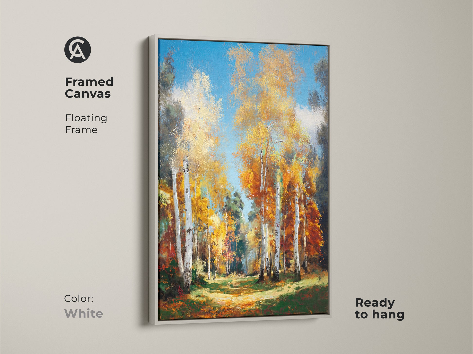 Framed canvas of birch trees with a white floating frame. This ready-to-hang artwork complements any decor. The forest landscape brings a touch of nature. The painting captures vibrant colors and detailed textures. A perfect addition to your home.