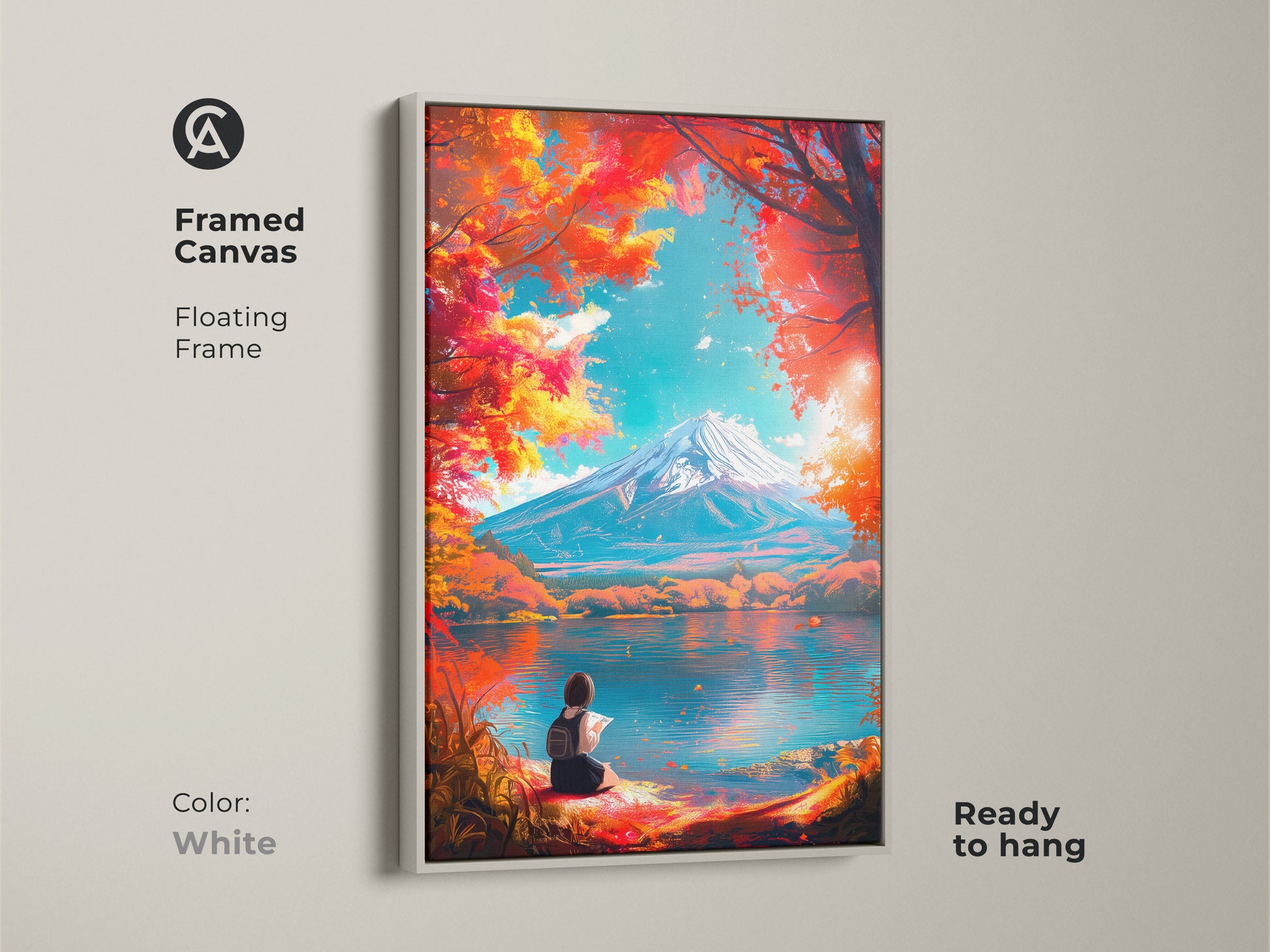 Framed canvas artwork with a floating frame in white color. The artwork showcases Mount Fuji and a girl reading by the lake. This ready-to-hang piece offers a clean modern look. Elevate your home decor.