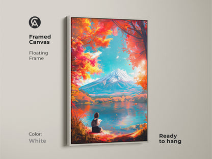 Framed canvas artwork with a floating frame in white color. The artwork showcases Mount Fuji and a girl reading by the lake. This ready-to-hang piece offers a clean modern look. Elevate your home decor.