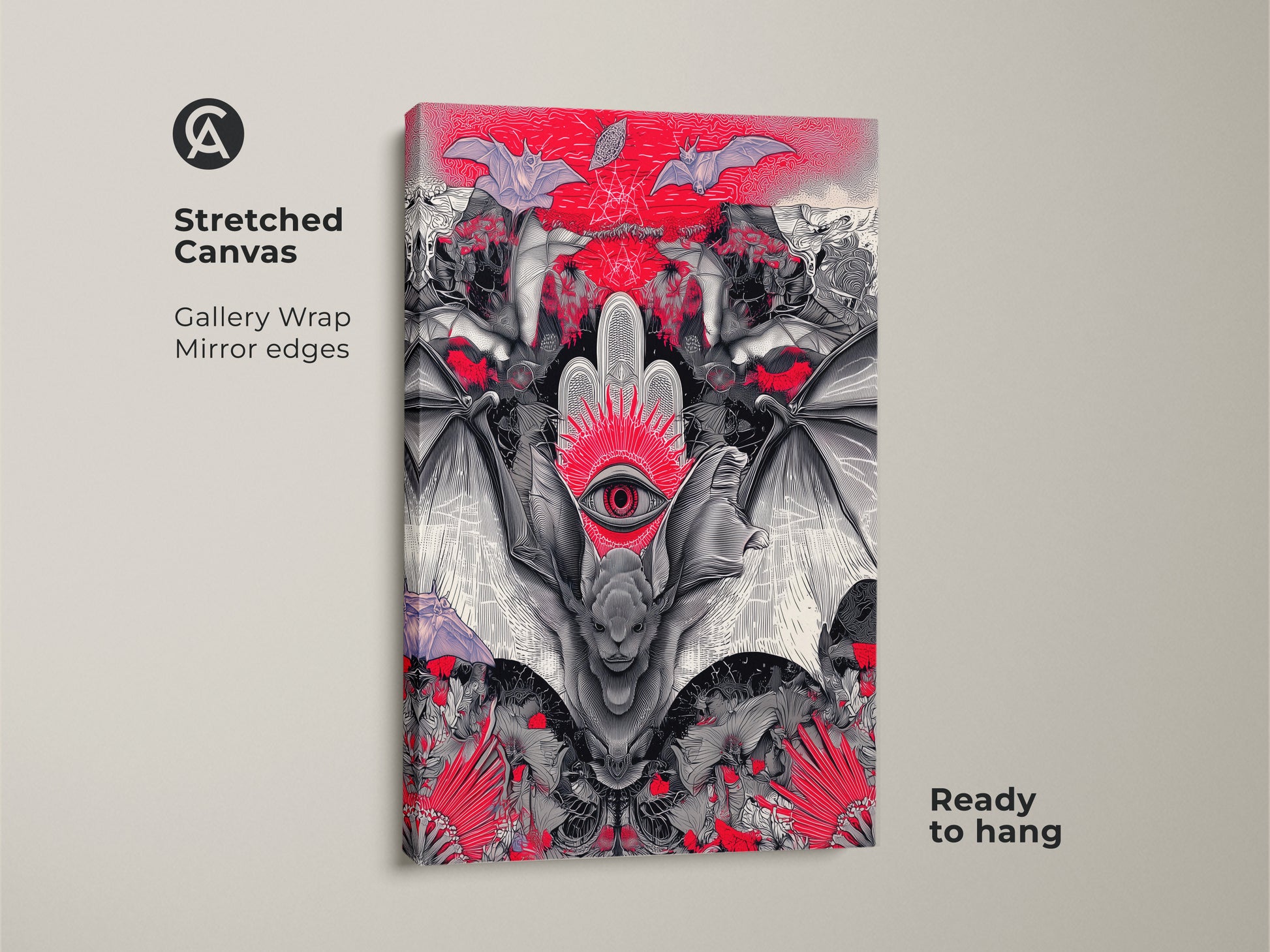 Stretched canvas of a gothic bat surreal third eye. Gallery wrapped with mirror edges this dark art is ready to hang. Eclectic red black and white art for a spooky alternative home decor.