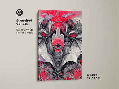 Stretched canvas of a gothic bat surreal third eye. Gallery wrapped with mirror edges this dark art is ready to hang. Eclectic red black and white art for a spooky alternative home decor.