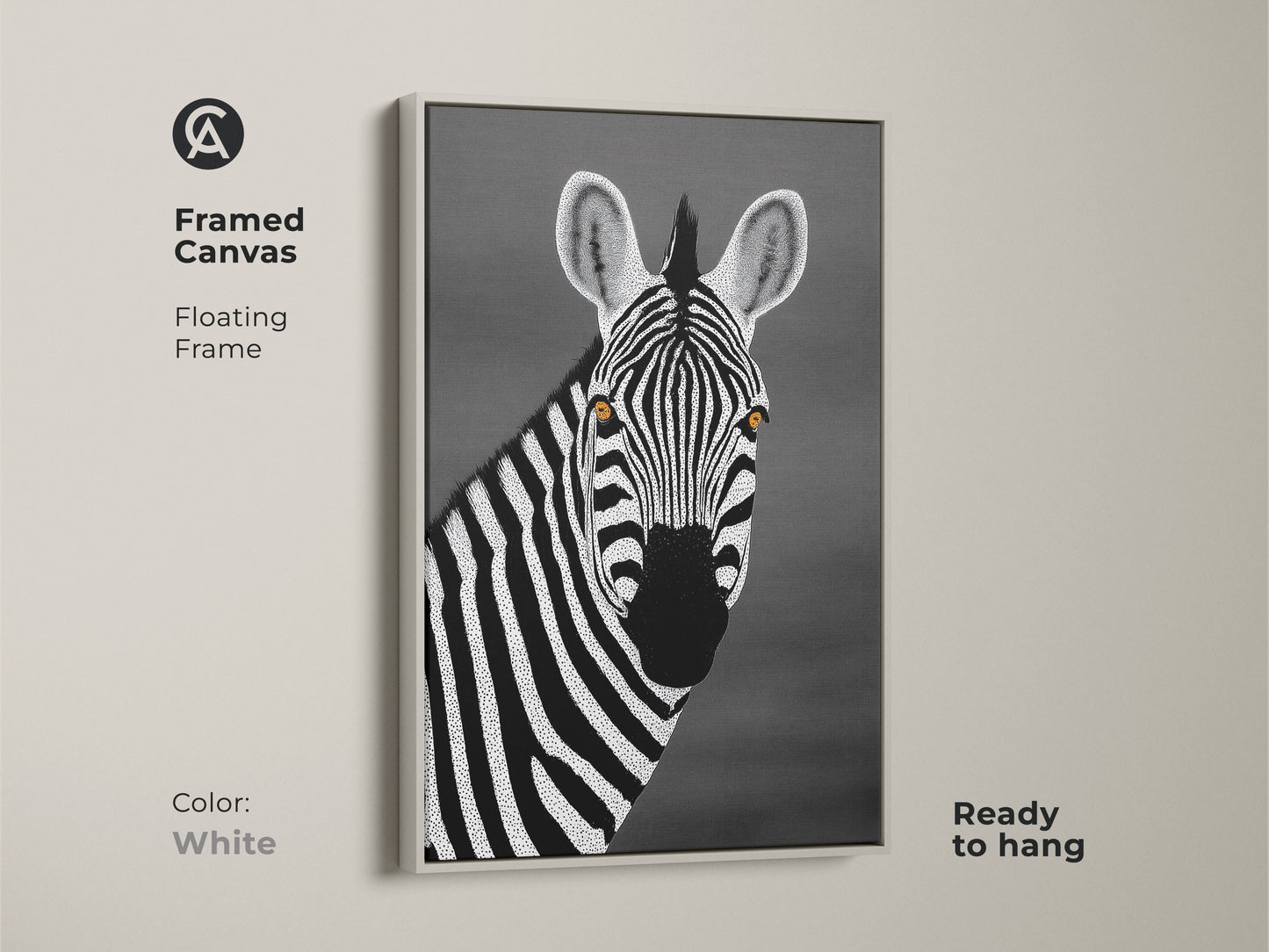 White framed canvas displaying a monochrome zebra. The floating frame highlights the minimalist dot artwork. This contemporary piece fits any room. Ideal African wildlife wall art for a modern home aesthetic.