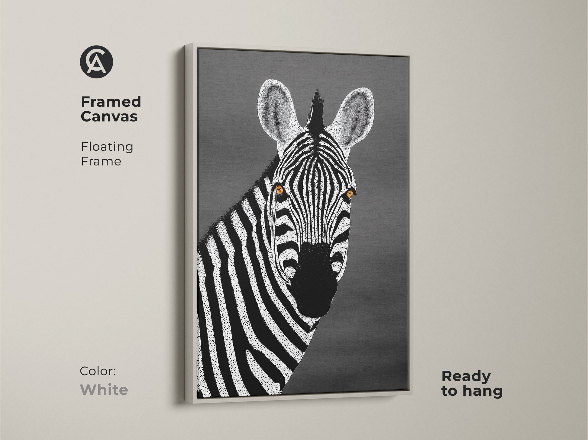 White framed canvas displaying a monochrome zebra. The floating frame highlights the minimalist dot artwork. This contemporary piece fits any room. Ideal African wildlife wall art for a modern home aesthetic.