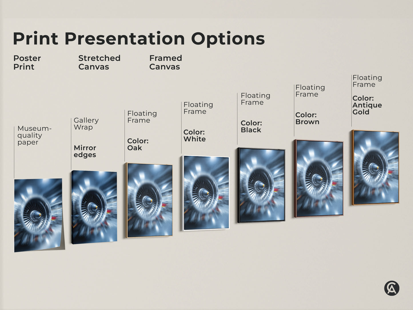 Explore print presentation options for abstract jet engine art. Choose from poster print stretched canvas or framed canvas. Featuring museum quality paper gallery wrap and floating frames in various colors. Find the perfect turbine blades artwork for your space.