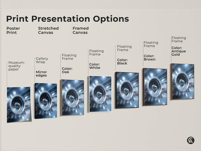 Explore print presentation options for abstract jet engine art. Choose from poster print stretched canvas or framed canvas. Featuring museum quality paper gallery wrap and floating frames in various colors. Find the perfect turbine blades artwork for your space.