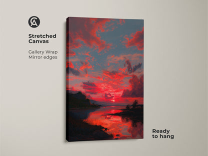Elevate your space with this red sky landscape print on stretched canvas. The gallery wrap features mirrored edges for a seamless look. Ready to hang this contemporary nature wall decor instantly adds dramatic sunset artwork to your home. A perfect housewarming gift for art collectors.