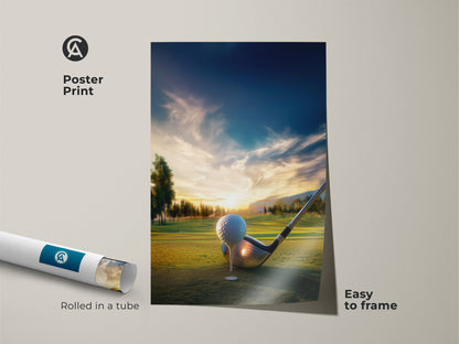 Golf course poster print. A golf ball and club are on the green. The sunset adds a serene backdrop to this wall art. Rolled in a tube this poster is easy to frame for any golf lover's space.