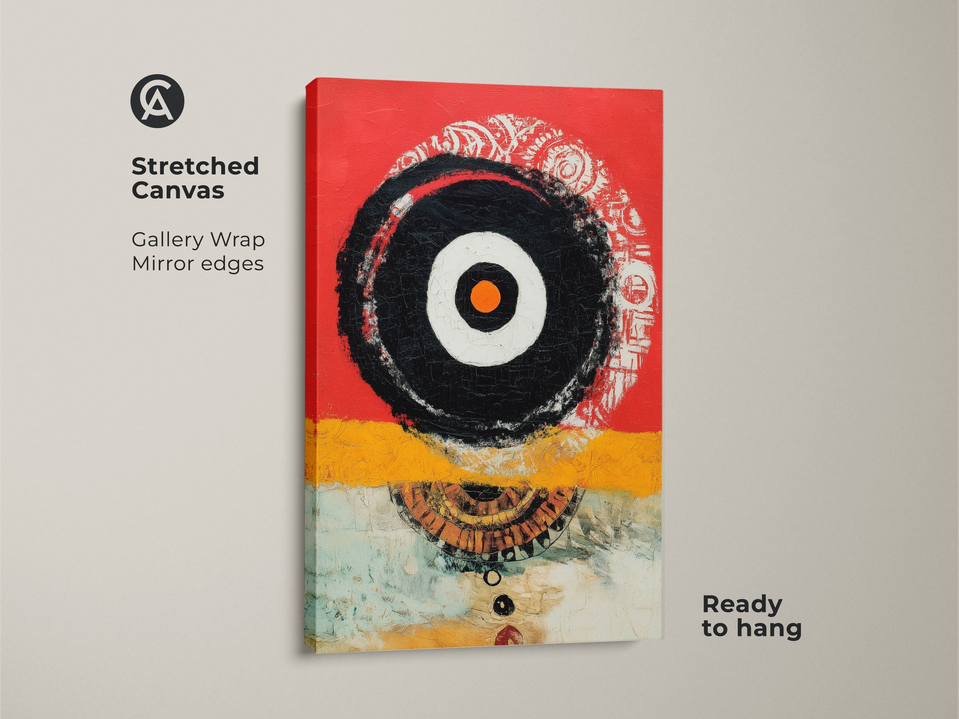 Stretched canvas print with vibrant abstract geometric art. Red yellow and black colors create an eclectic contemporary look. Ready to hang this gallery-wrapped canvas enhances any space. This modern artwork brings a unique and bold style. Its perfect for living rooms or office spaces.
