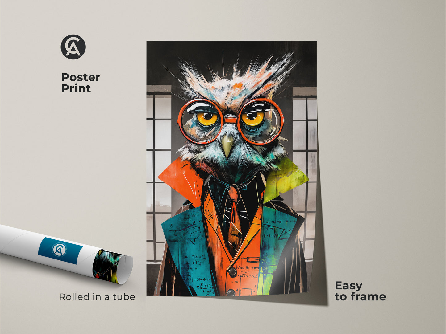 Poster print of the math owl artwork rolled in a tube. This abstract owl art is easy to frame and is perfect for back to school wall decor. The poster highlights the owl wearing glasses and makes a unique professor gift.