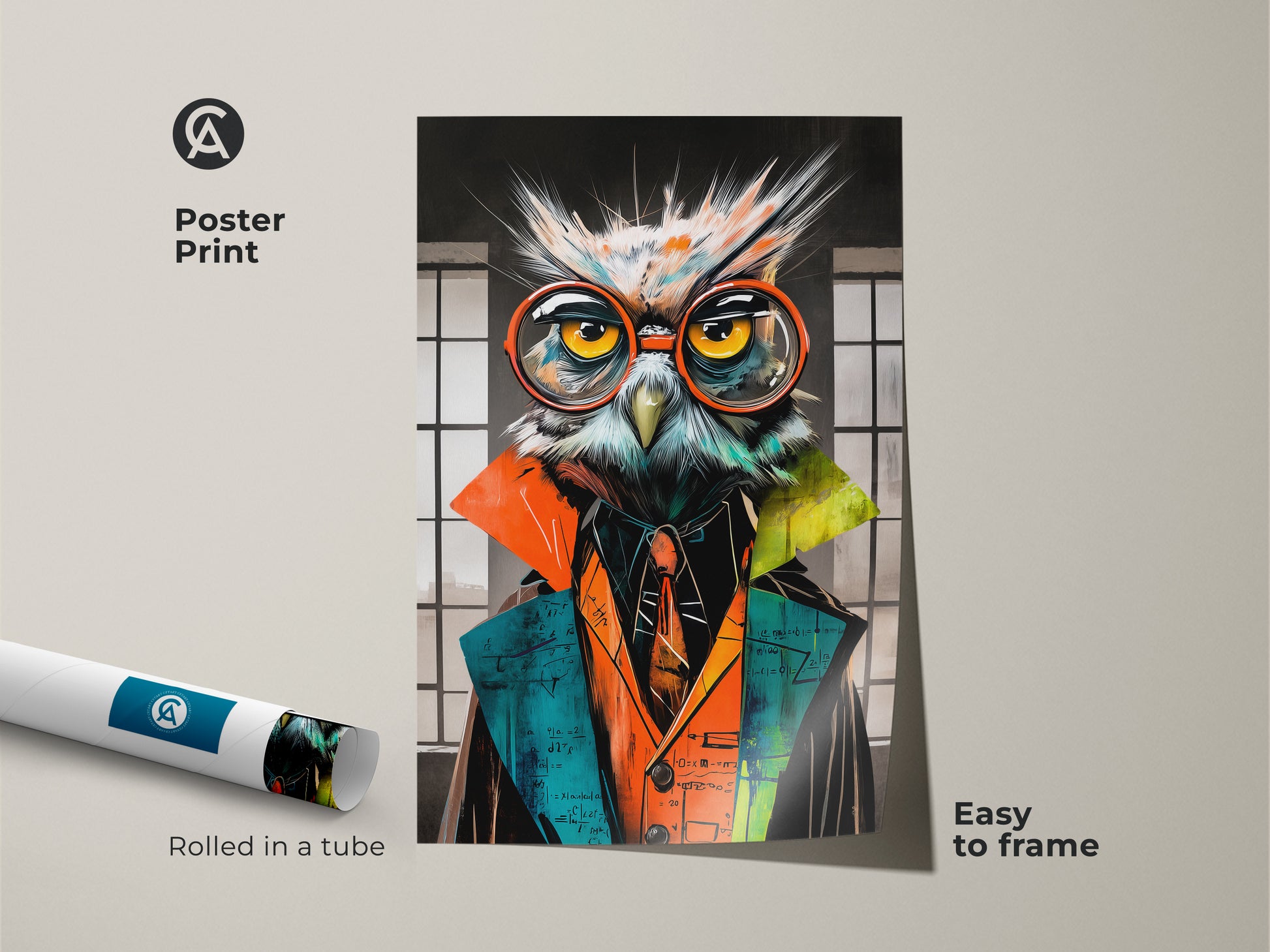 Poster print of the math owl artwork rolled in a tube. This abstract owl art is easy to frame and is perfect for back to school wall decor. The poster highlights the owl wearing glasses and makes a unique professor gift.