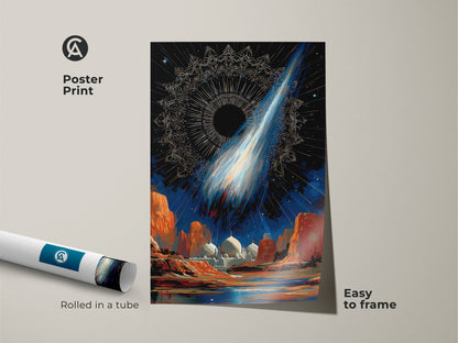 Poster print features a surreal space mosque. The celestial comet wall art is easy to frame. The cosmic night sky decor is rolled in a tube. The deep blue and orange tones add an eclectic touch. This abstract celestial print is perfect for any room.