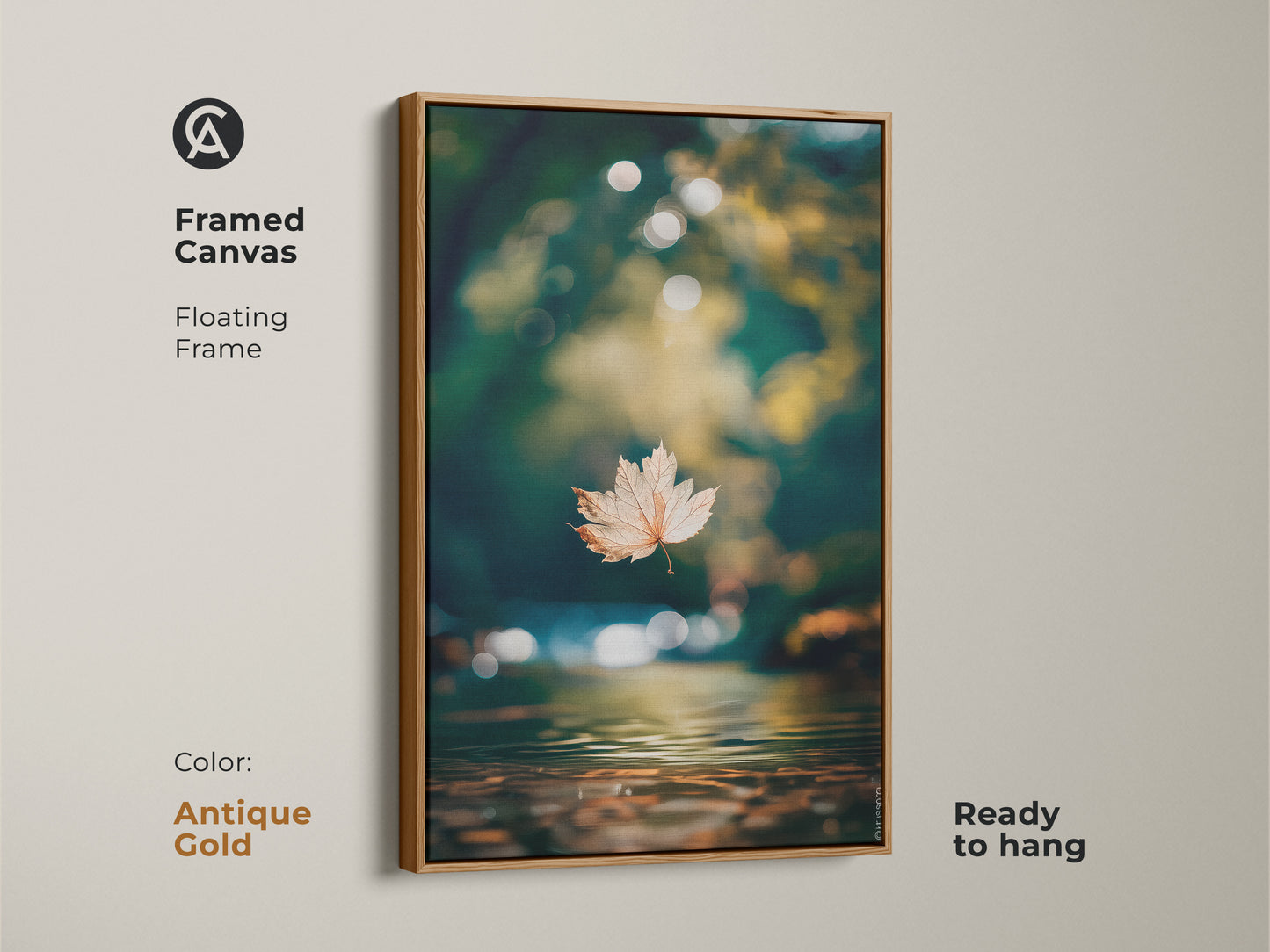Framed canvas art with a floating frame. The antique gold frame enhances the autumn leaf artwork. It is ready to hang. Water reflection adds depth and beauty. Ideal for creating a serene atmosphere.