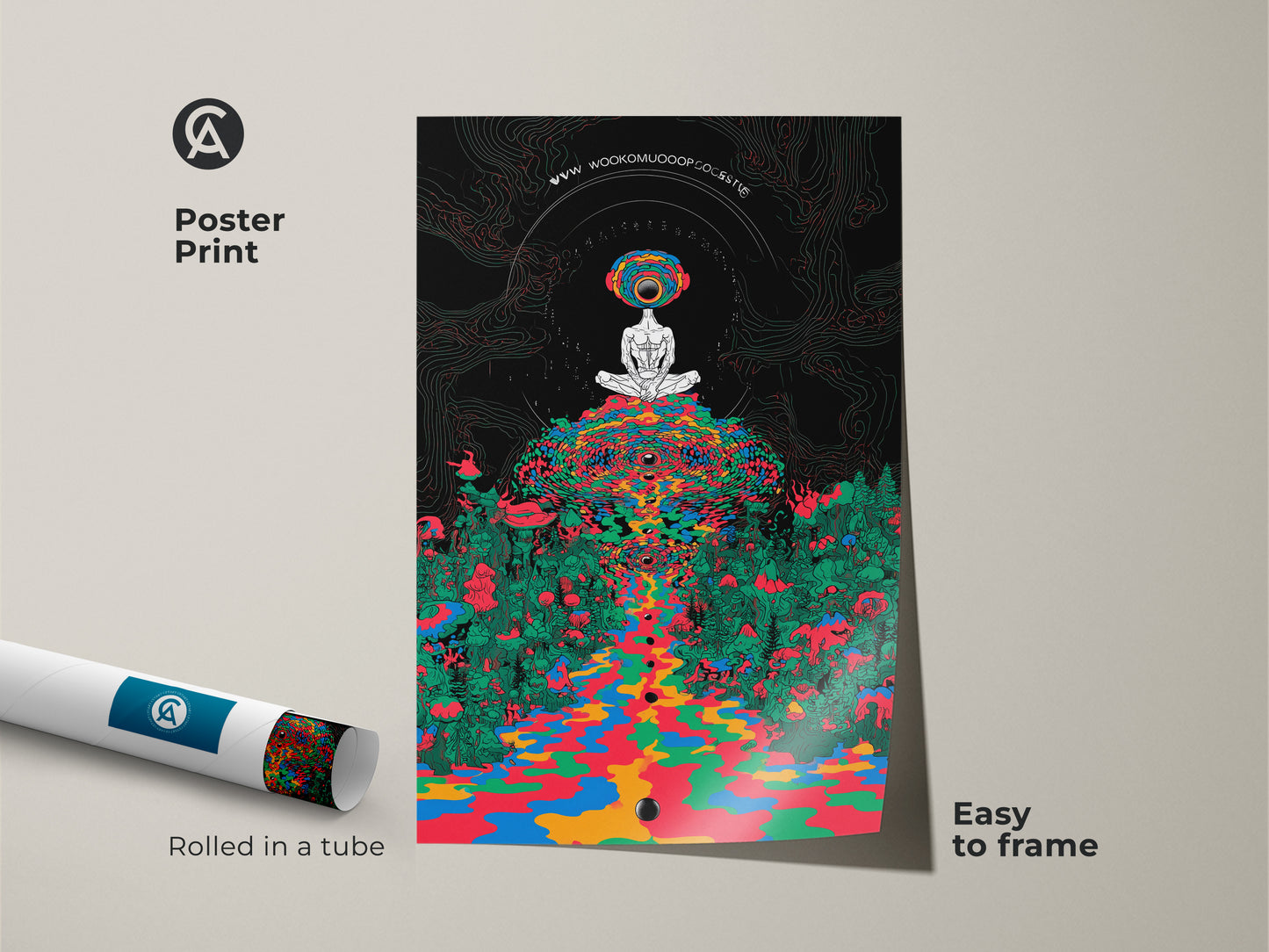 Rolled poster print presents a meditating figure amidst a psychedelic mushroom forest. Trippy surrealism artwork in indigo green hues adds an eclectic touch. Easy to frame spiritual wall hanging perfect as a bohemian den decor.