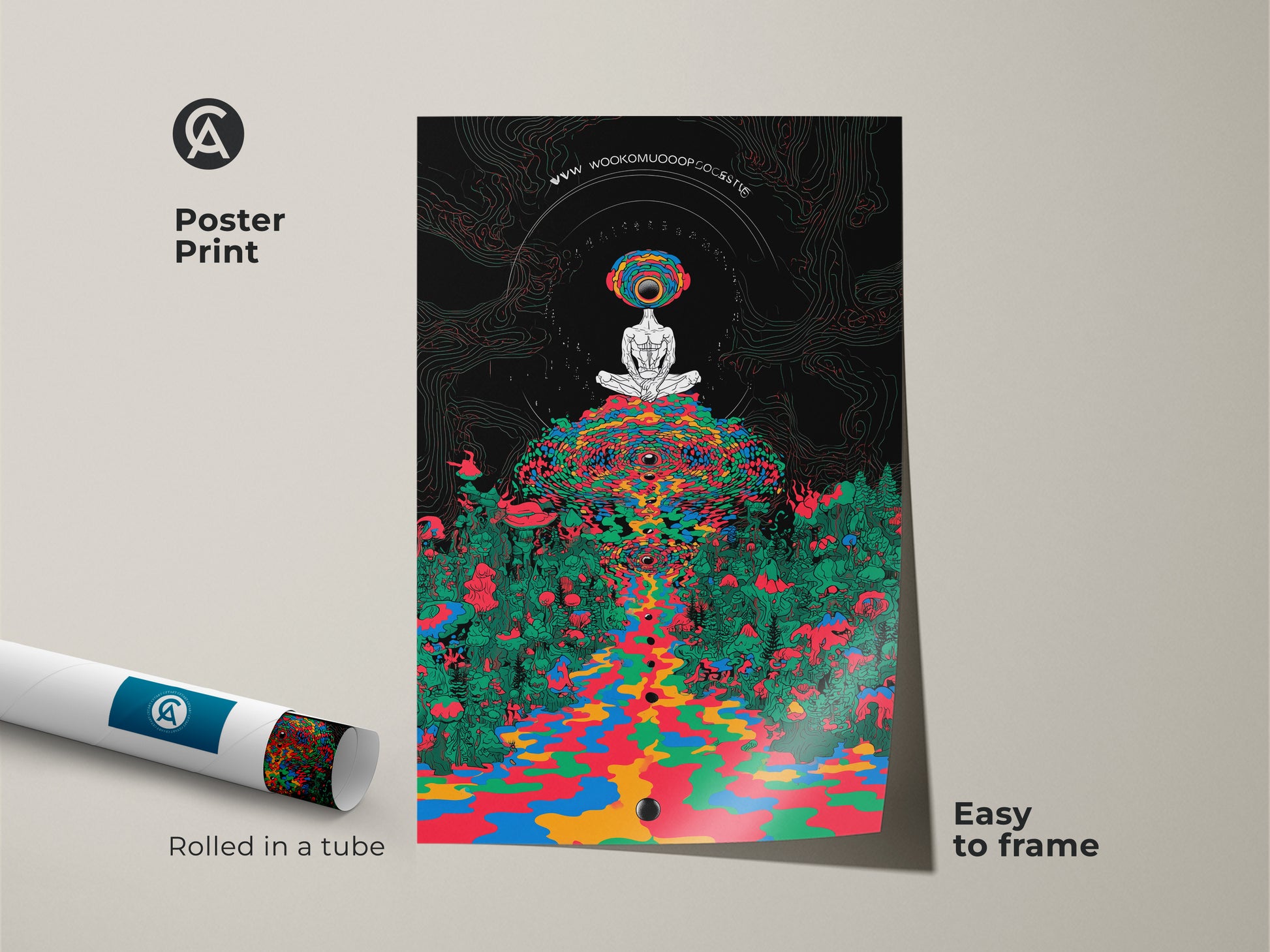 Rolled poster print presents a meditating figure amidst a psychedelic mushroom forest. Trippy surrealism artwork in indigo green hues adds an eclectic touch. Easy to frame spiritual wall hanging perfect as a bohemian den decor.