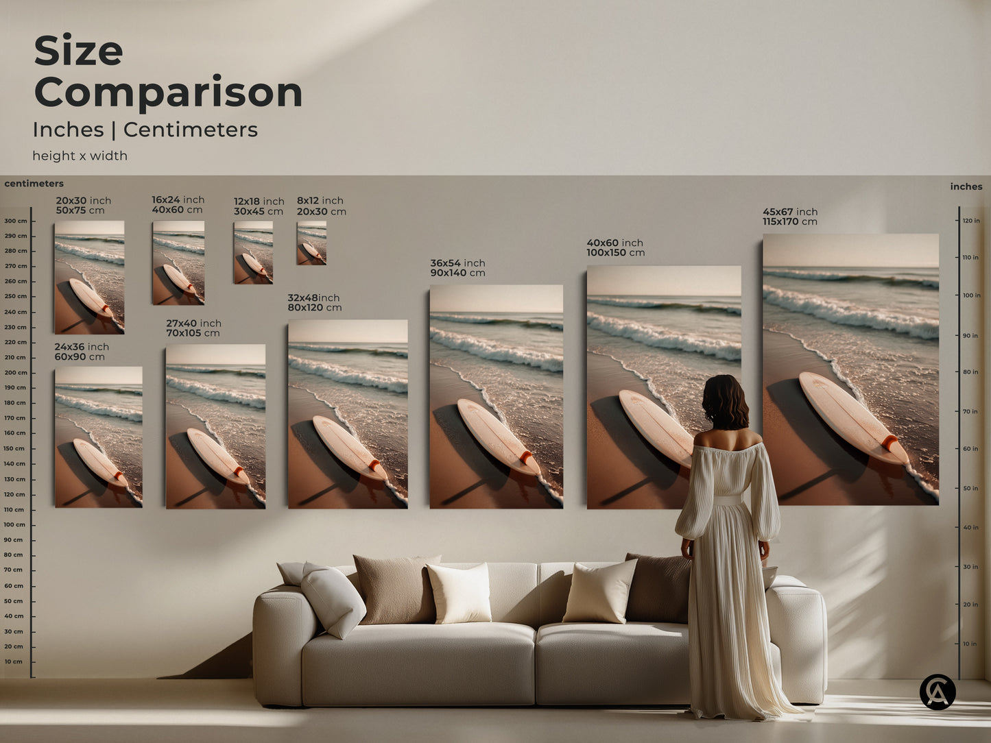 A size comparison shows surfboard artwork in inches and centimeters. Various sizes are displayed above a sofa for visual reference. Choose from different dimensions to suit your room. Find the perfect beach artwork for your space. Explore our range of canvas and poster prints.
