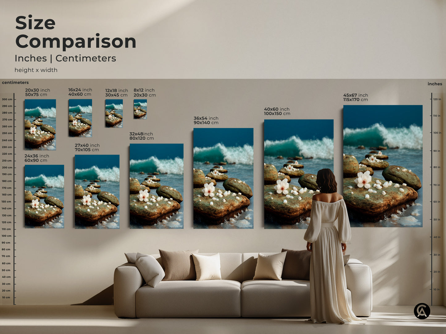 Size comparison featuring the canvas wall art of ocean wave and beach rocks in varied sizes. It gives a visual guide to find the perfect fit above your sofa. Ideal for coastal decor.