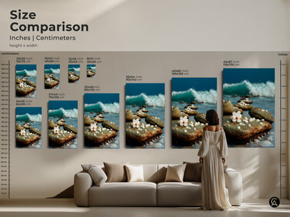 Size comparison featuring the canvas wall art of ocean wave and beach rocks in varied sizes. It gives a visual guide to find the perfect fit above your sofa. Ideal for coastal decor.