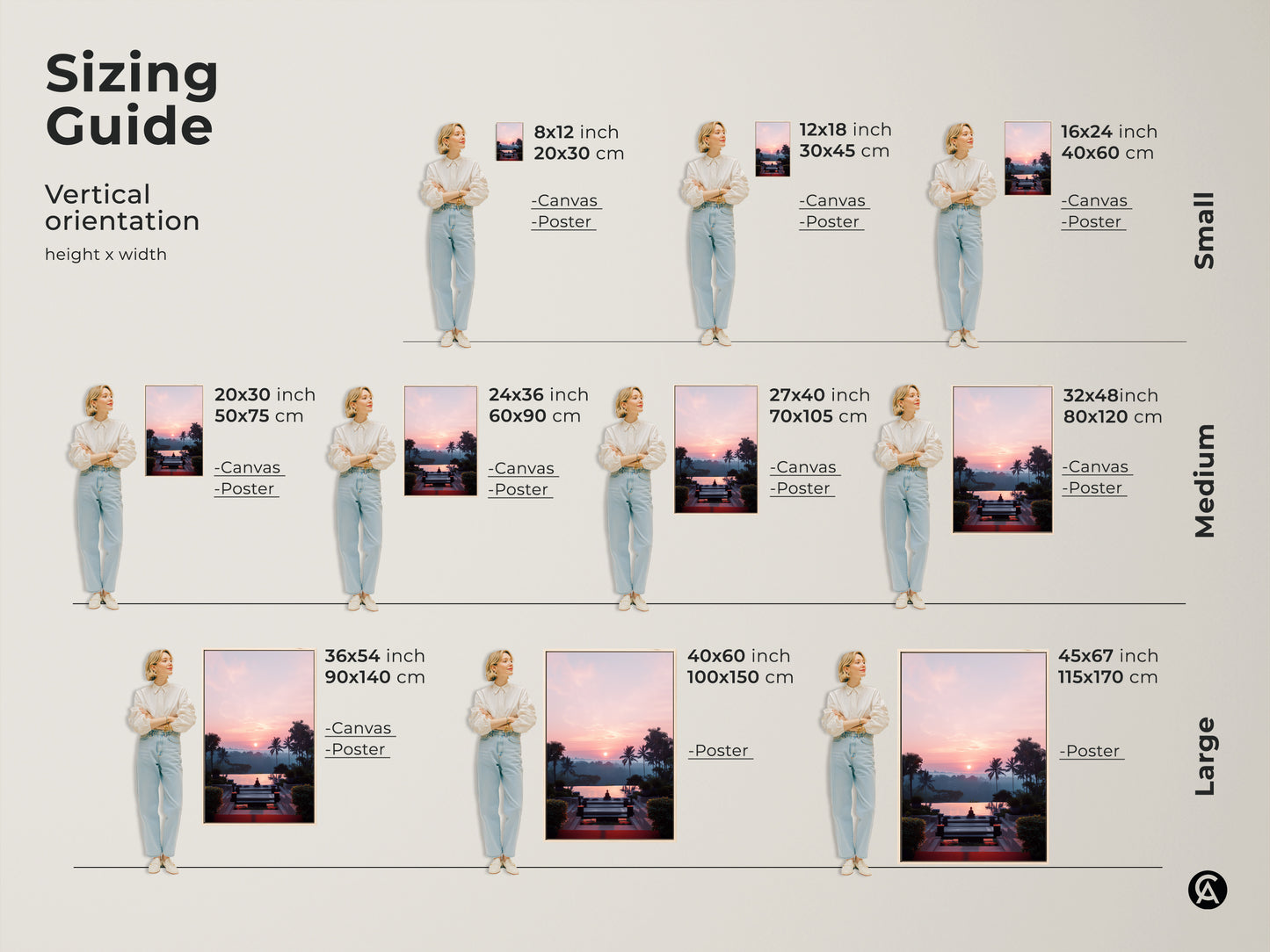 Sizing guide showcasing Zen Buddha Pool art in various vertical sizes. Visualize the tropical pink and orange sunset landscape in canvas and poster formats. Find the perfect dimensions for your boho yoga meditation home decor. Choose the ideal size for your serene space.