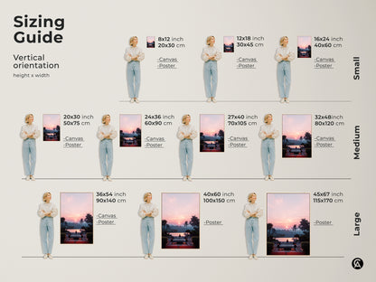 Sizing guide showcasing Zen Buddha Pool art in various vertical sizes. Visualize the tropical pink and orange sunset landscape in canvas and poster formats. Find the perfect dimensions for your boho yoga meditation home decor. Choose the ideal size for your serene space.