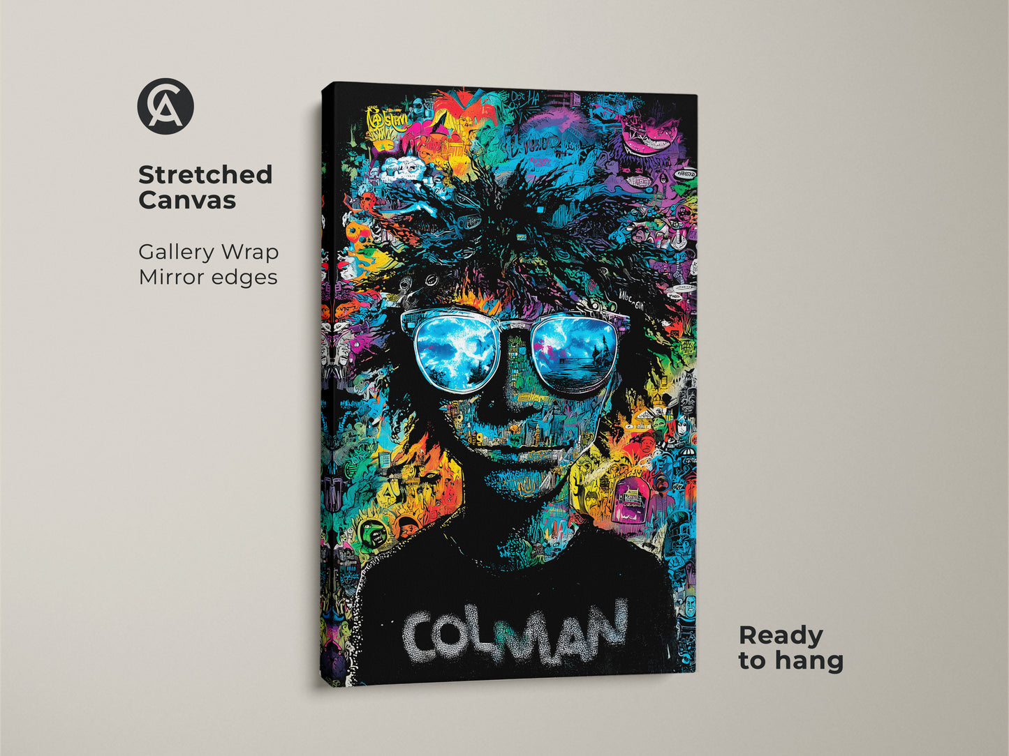 Stretched canvas art featuring Colman. Gallery wrapped with mirror edges. A person with sunglasses is in the artwork. The lenses reflect a beach scene. The background has colorful graffiti. Ready to hang art for your home or office.