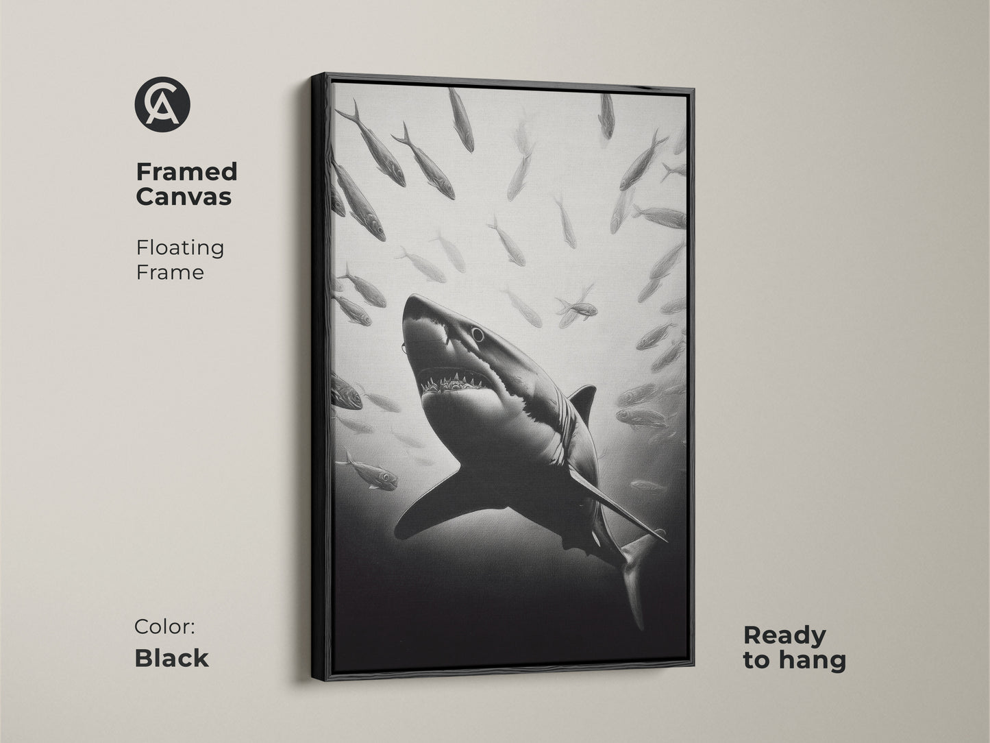 Framed canvas with floating frame in black color. The monochrome shark art print is ready to hang. This ocean wildlife wall art is a perfect statement piece for shark lovers and admirers of marine life.