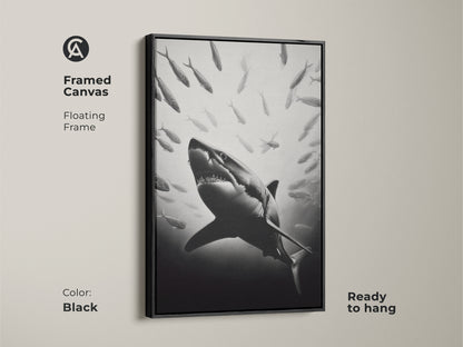 Framed canvas with floating frame in black color. The monochrome shark art print is ready to hang. This ocean wildlife wall art is a perfect statement piece for shark lovers and admirers of marine life.