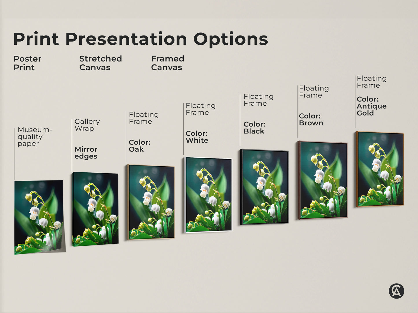 Print presentation options for Lily of the Valley artwork. Choose from poster prints stretched canvas and framed canvas. Styles include gallery wrap and floating frames in oak white black brown antique gold. Find the perfect spring floral art.