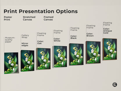 Print presentation options for Lily of the Valley artwork. Choose from poster prints stretched canvas and framed canvas. Styles include gallery wrap and floating frames in oak white black brown antique gold. Find the perfect spring floral art.