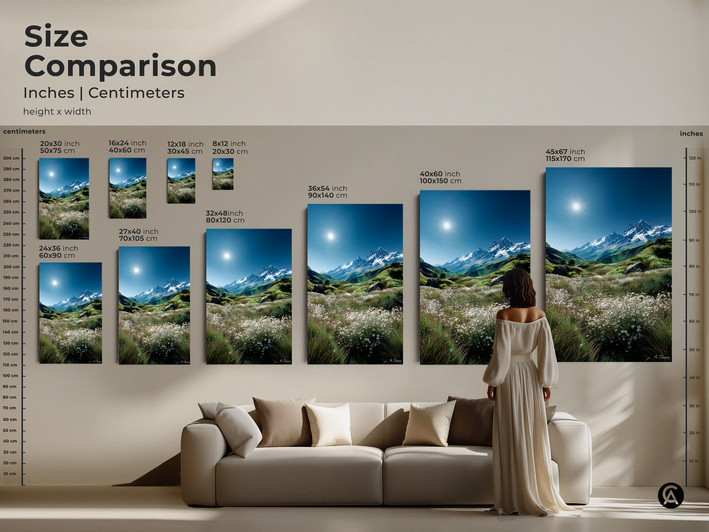 See a size comparison of mountain landscape artwork. Various sizes in inches and centimeters are displayed. Visualize how the artwork will look in your space. From small to extra-large find the perfect fit for your home decor. Choose canvas or poster prints.