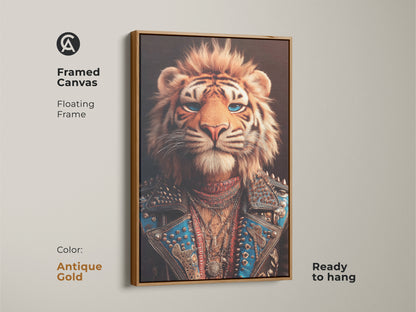 Framed antique gold canvas of a tiger dressed as a rockstar with a floating frame is ready to hang. It's a unique piece of eclectic home decor. This art print combines bold blue and orange hues with intricate details of studded jackets.