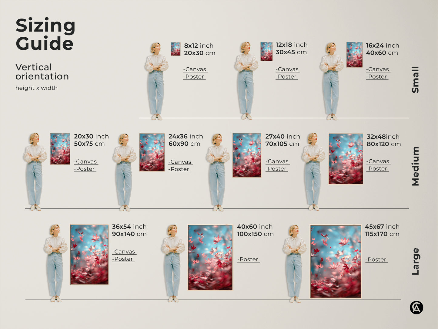 Sizing guide for vertical artwork orientation. Choose from canvas or poster prints in sizes from small to large. Find the perfect fit for your space with our detailed height and width measurements.