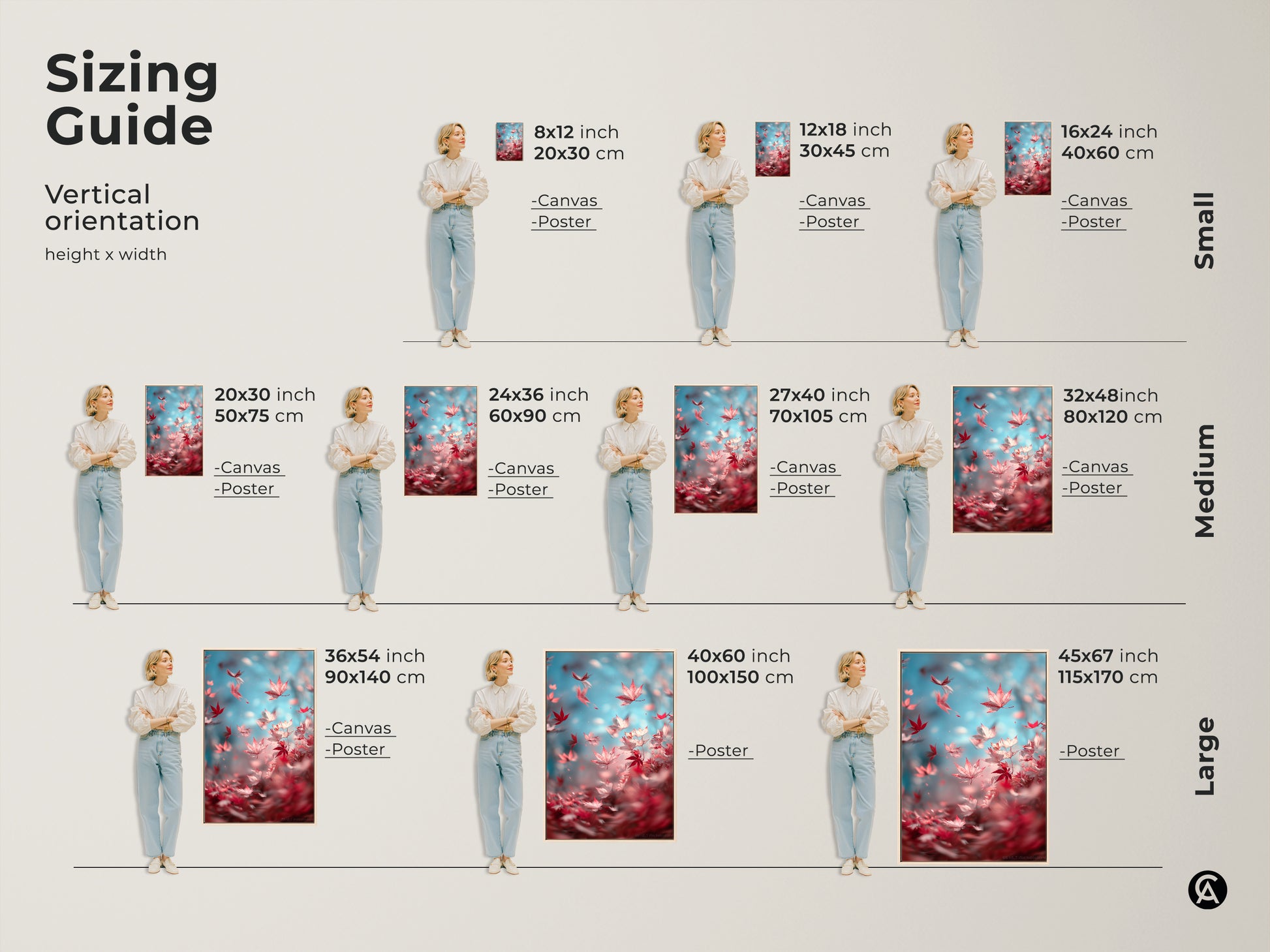 Sizing guide for vertical artwork orientation. Choose from canvas or poster prints in sizes from small to large. Find the perfect fit for your space with our detailed height and width measurements.