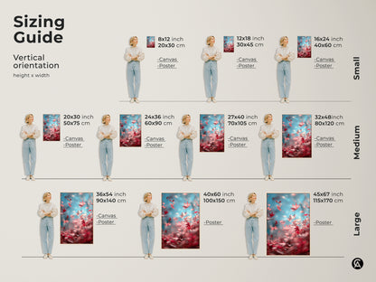 Sizing guide for vertical artwork orientation. Choose from canvas or poster prints in sizes from small to large. Find the perfect fit for your space with our detailed height and width measurements.