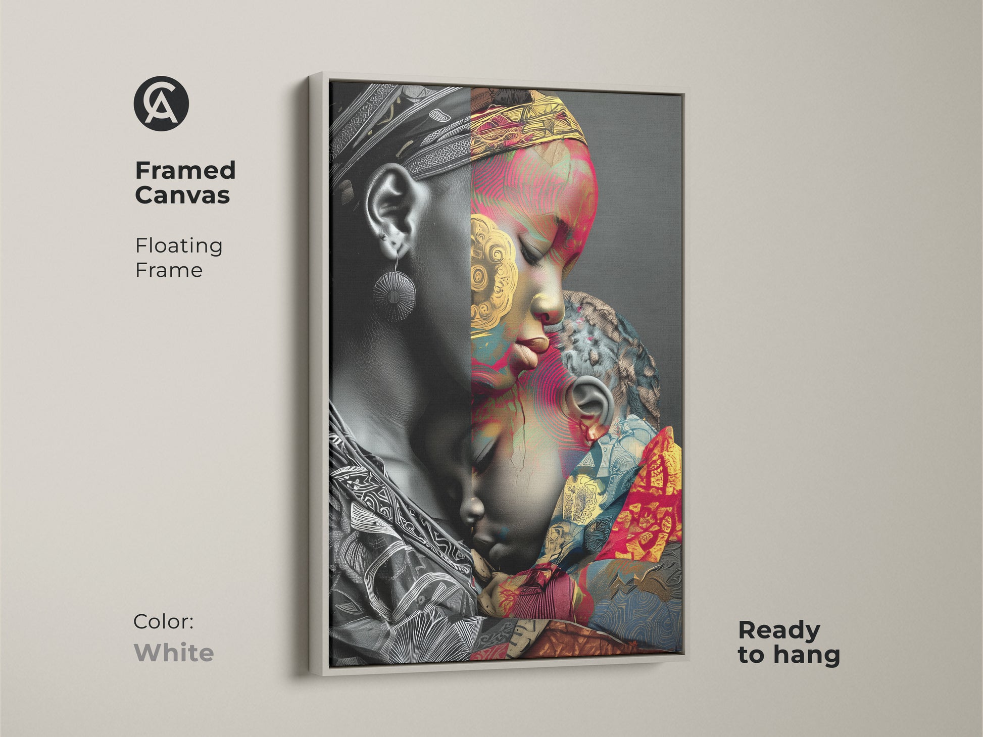 This framed canvas features 'Mother and Child' artwork. The floating frame adds to the contemporary wall decor. The white color complements the abstract expressionist art. It is ready to hang. The african patterned canvas print is perfect for eclectic home interiors. This family love art print features gold red and teal colors.