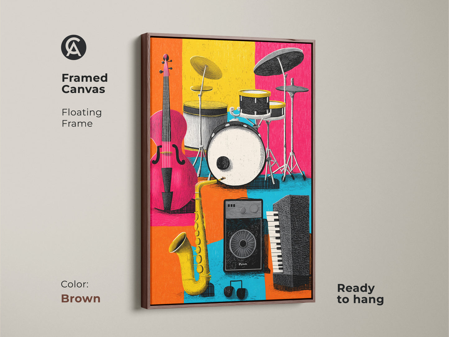 Framed canvas of musical instrument art in a brown floating frame. The artwork shows a cello drum set saxophone keyboard and speaker. The colorful blocks add a modern touch. This framed canvas is ready to hang.