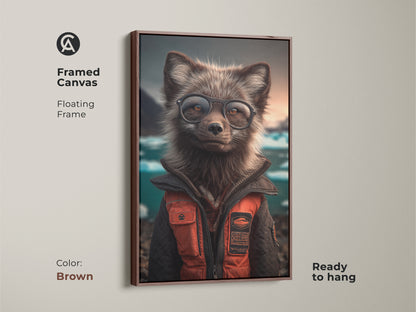 Framed Canvas of a Arctic Fox wearing glasses with a floating frame in brown. Anthropomorphic fox art wall decor for an Eclectic study room artwork. Animal lover birthday gift idea with orange and teal fox painting. Ready to hang canvas art.