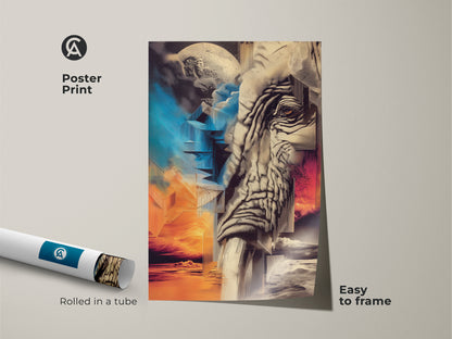 A poster print version of the abstract geometric art. This fine art elephant print of surrealism artwork is easy to frame. This modern abstract canvas uses orange gold blue art. It would be an artistic home accent as living room wall art.